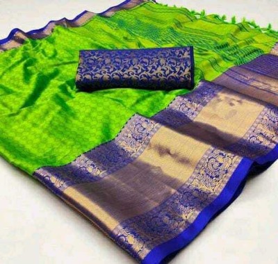 RUHKRUSH Woven Dharmavaram Cotton Silk, Jacquard Saree(Light Green)