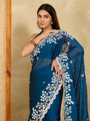 BHAGYAVATI DESIGNER Embroidered, Floral Print, Embellished Bollywood Jimmy choo, Tussar Silk Saree(Light Blue)