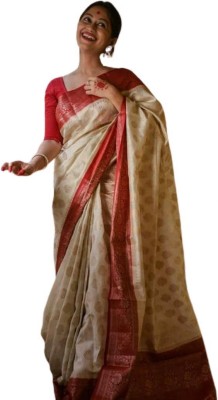 KAKADIYA Woven Kanjivaram Pure Silk Saree(White)