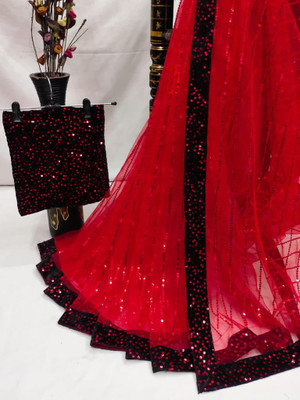 monprence Embroidered Bollywood Net Saree(Red)