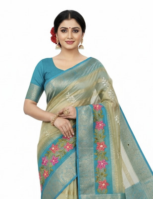 Mrstnjhalar Checkered Bollywood Silk Blend Saree(Beige)