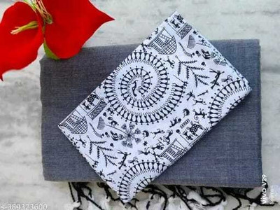 SMRITI BOUTIQUE Solid/Plain, Printed Kalamkari Handloom Pure Cotton Saree(Grey, White)