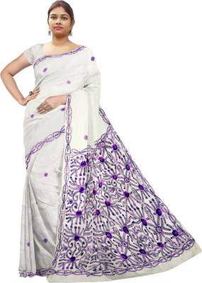 SHRISTI CLOTHINGS Embroidered Kantha Tussar Silk Saree(White)
