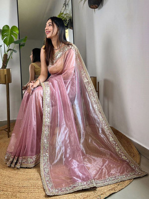 ShivGori Embroidered Bollywood Tissue, Silk Blend Saree(Pink)