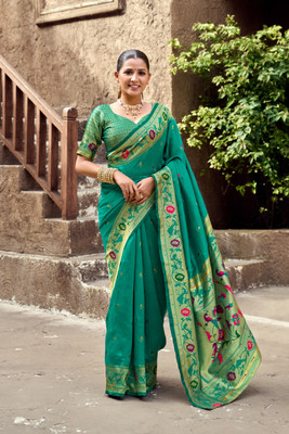 Divastri Printed Paithani Cotton Silk Saree(Pack of 2, Green)