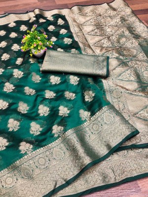 DHARM CREATION Self Design Banarasi Organza Saree(Green)