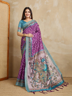 DOI MOI Printed Banarasi Silk Blend Saree(Magenta)