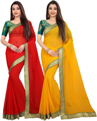 Anand Sarees Solid/Plain Bollywood Chiffon Saree(Pack of 2, Red, Yellow)