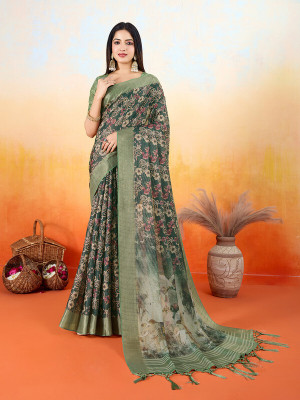 Divastri Digital Print, Printed, Woven Banarasi Tissue Saree(Green)