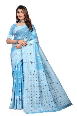 Muskan Collection Digital Print Handloom Cotton Linen Saree(Blue)