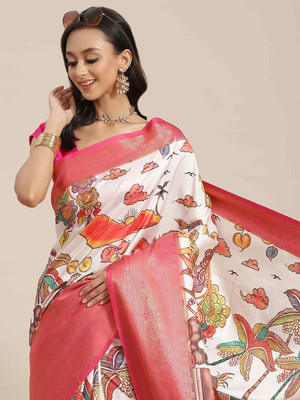Divastri Digital Print Banarasi Art Silk Saree(White)