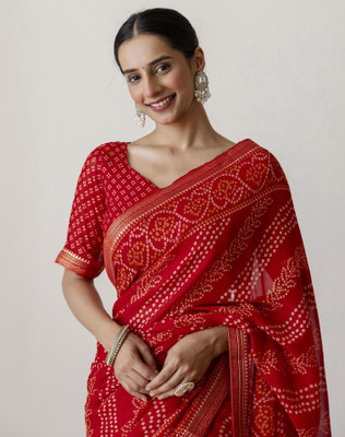 SIRIL Printed Bandhani Chiffon, Georgette Saree(Red)