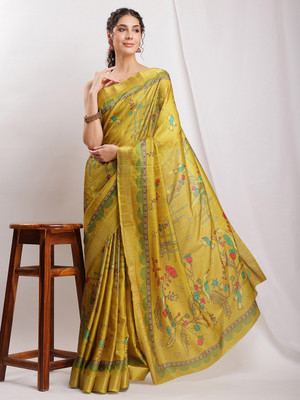 Janasya Geometric Print Bollywood Silk Blend Saree(Green)