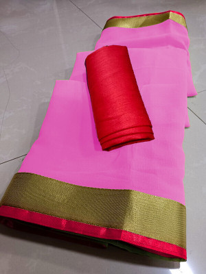 Sareez House Solid/Plain, Embellished Bollywood Georgette Saree(Pink)