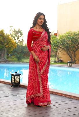 Ringtonfashion Digital Print Bandhani Georgette Saree(Red)