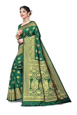 Mishowglitter Embroidered Kanjivaram Jacquard, Pure Silk Saree(Green)