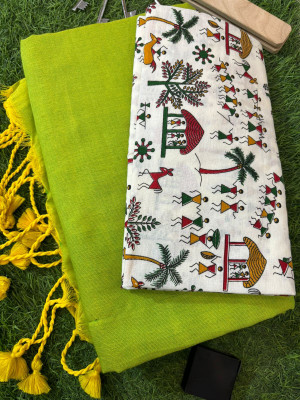 SMRITI HANDLOOM Printed Kalamkari Handloom Pure Cotton Saree(Light Green, Black)