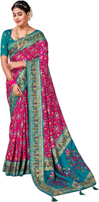 Akhilam Printed Patola Silk Blend Saree(Multicolor)