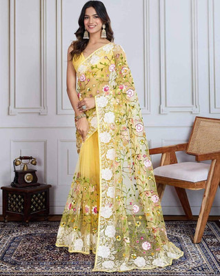 Verviza Embroidered Bollywood Net Saree(Yellow)