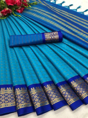JbWorld Checkered, Woven Gadwal Cotton Silk, Pure Silk Saree(Blue, Light Blue)
