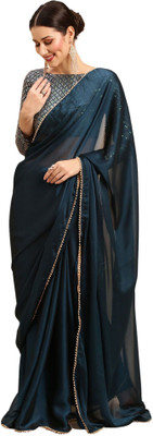 Akhilam Solid/Plain Bollywood Georgette Saree(Blue)