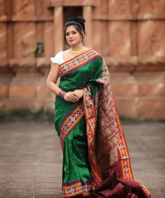 NATIONAL SAREES Temple Border Sambalpuri Art Silk Saree(Green)