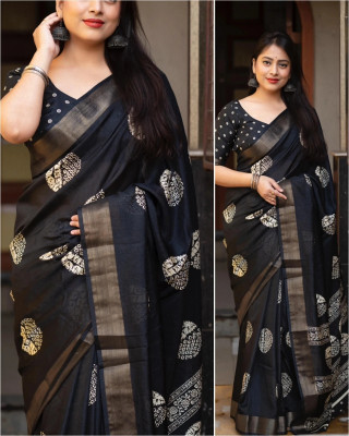 SSHAGUN LIFESTYLE Printed Hand Batik Cotton Silk Saree(Black)