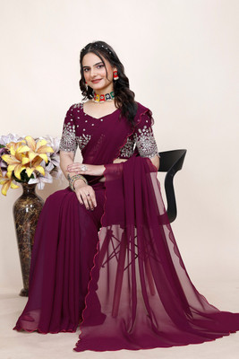 ShiniTrendz Embroidered, Solid/Plain Bollywood Georgette Saree(Purple)