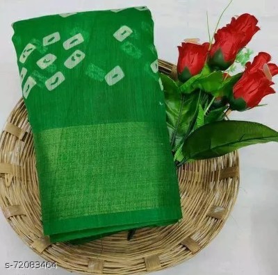 Grubstaker Printed Bandhani Cotton Linen Saree(Green)