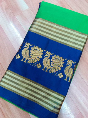 S S CREATION Self Design Kanjivaram Pure Silk Saree(Green, Blue)