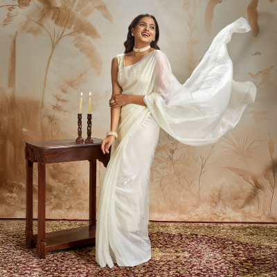 Teejh Solid/Plain Bollywood Satin Saree(Cream)