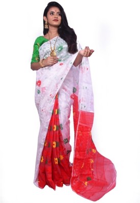 Krishneshwari Self Design, Woven Jamdani Cotton Silk Saree(Red, White)