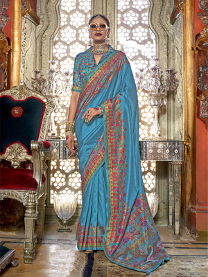 Elora Floral Print Saree with Attached Blouse Silk Blend Saree(Blue)