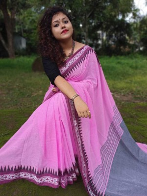 GhoshEthnic Temple Border, Solid/Plain Daily Wear Handloom Pure Cotton Saree(Pink, Black)