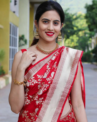 Gold Art Fashion Woven Kanjivaram Jacquard, Pure Silk Saree(Red)