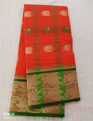 GHOSH TEXTILE Self Design, Checkered Tant Cotton Blend Saree(Orange)