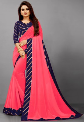 Rashiklal & Co. Solid/Plain Bollywood Georgette Saree(Dark Blue, Pink)