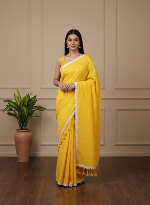 BongAp Embroidered Handloom Cotton Blend Saree(Yellow)