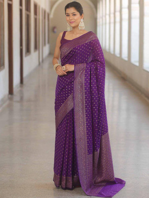The Style Sanctuary Woven, Self Design, Embellished Banarasi Silk Blend Saree(Purple)