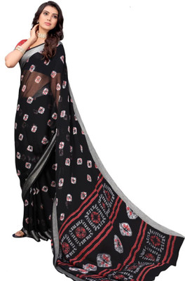 VD PRINTS Printed Bandhani Chiffon Saree(Dark Green)