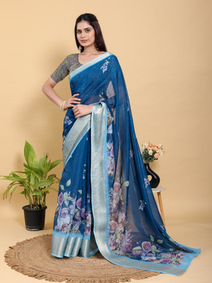 DHANLAXMISAREE Digital Print Kalamkari Linen Saree(Multicolor)