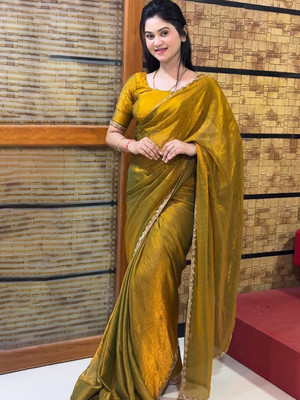 KV Fashion Solid/Plain Bollywood Chiffon Saree(Gold)