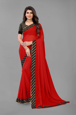 FABMORA Solid/Plain, Embellished Bollywood Chiffon, Georgette Saree(Red)