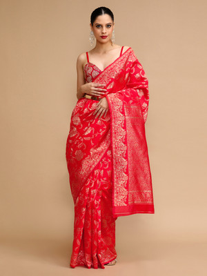 House of Pataudi Woven Banarasi Silk Blend Saree(Red)