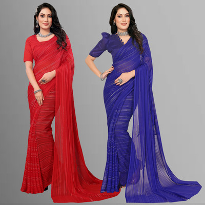 Anand Sarees Self Design Bollywood Satin Saree(Pack of 2, Blue, Red)