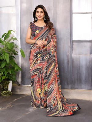 THE URBAN DIVA Printed Bollywood Georgette Saree(Multicolor, Red, Black, Yellow)