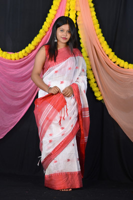 Ahana Textile Solid/Plain Handloom Cotton Linen Saree(White)