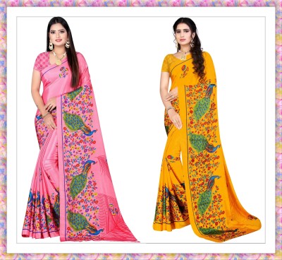 Leelavati Printed Bollywood Crepe Saree(Pack of 2, Pink, Orange)