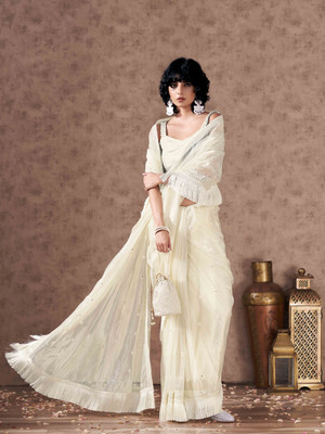 Tikhi Imli Embellished Bollywood Net Saree(White)