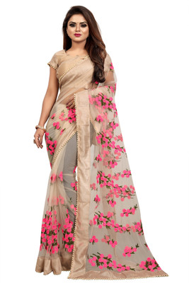 TEZMARK Floral Print Bollywood Net Saree(Cream)